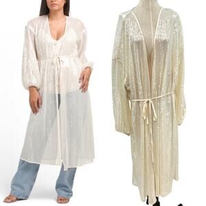 Hutch Jackson Sequin-Embellished Mesh Cover-Up Duster Kimono‎ Cream Plus Size 3X